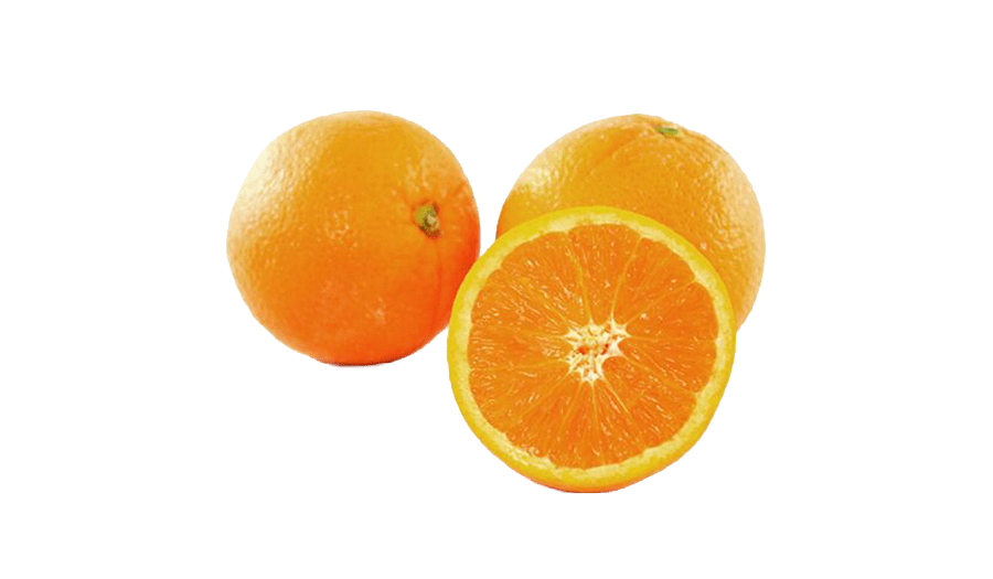 Two whole and one halved, revealing vibrant orange pulp.
